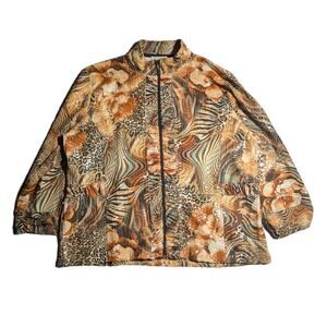 Vtg Y2K Erin London Beige Abstract Animal Print Clear Sequin Zip Up Jacket P XL